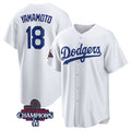 Rebec Los Angeles Dodgers #18 Yoshinobu Yamamoto White  2024 World Series Champions Cool Base Stitched Jersey