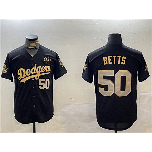 Rebec Los Angeles Dodgers #50 Mookie Betts Black Gold  2024 World Series With No. 34 Patch Limited Stitched Jersey