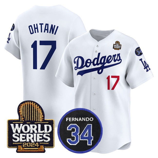 Rebec Los Angeles Dodgers #17 Shohei Ohtani White  2024 World Series With Fernando Memorial Patch Limited Stitched Jersey 2