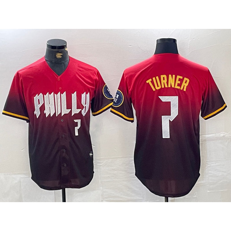 Rebec Philadelphia Phillies #7 Trea Turner Red  2024 City Player Number Cool Base Jersey 2