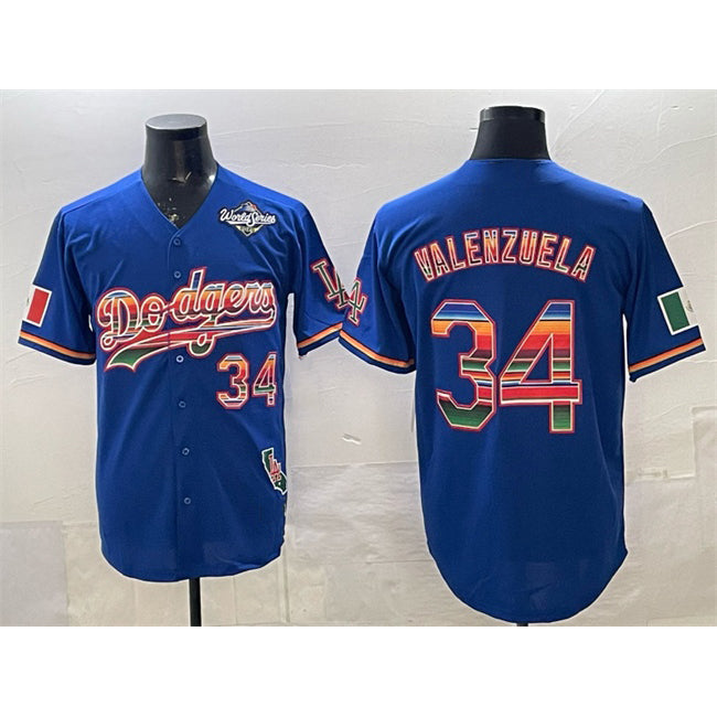 Rebec Los Angeles Dodgers #34 Fernando Valenzuela Royal  Mexico California Patch 2025 World Series Patch Stitched Jersey