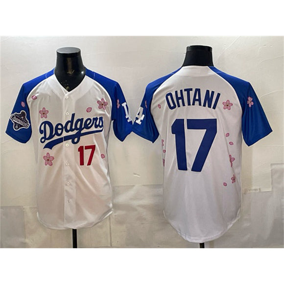 Rebec Los Angeles Dodgers #17 Shohei Ohtani White Royal  2025 World Series Champions Patch Tokyo Series Limited Stitched Jersey