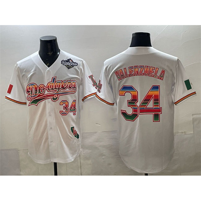 Rebec Los Angeles Dodgers #34 Fernando Valenzuela White  Mexico California Patch 2025 World Series Patch Stitched Jersey