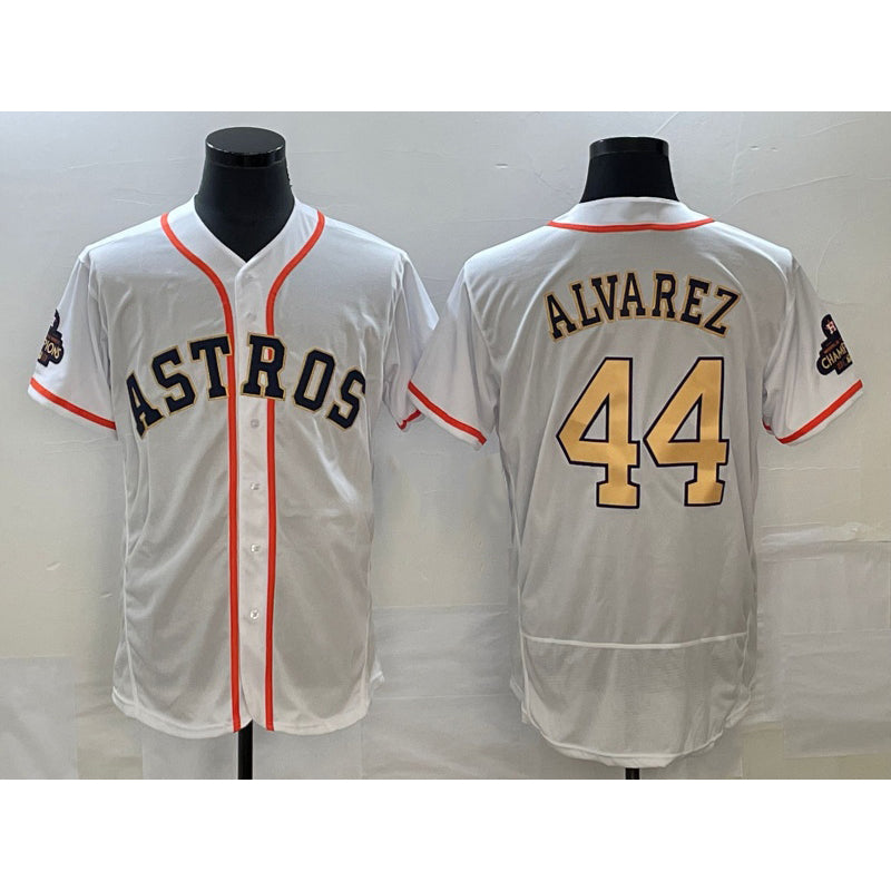 Rebec Houston Astros #44 Yordan Alvarez 2023 White Gold  World Serise Champions Patch Flex Base Stitched Jersey