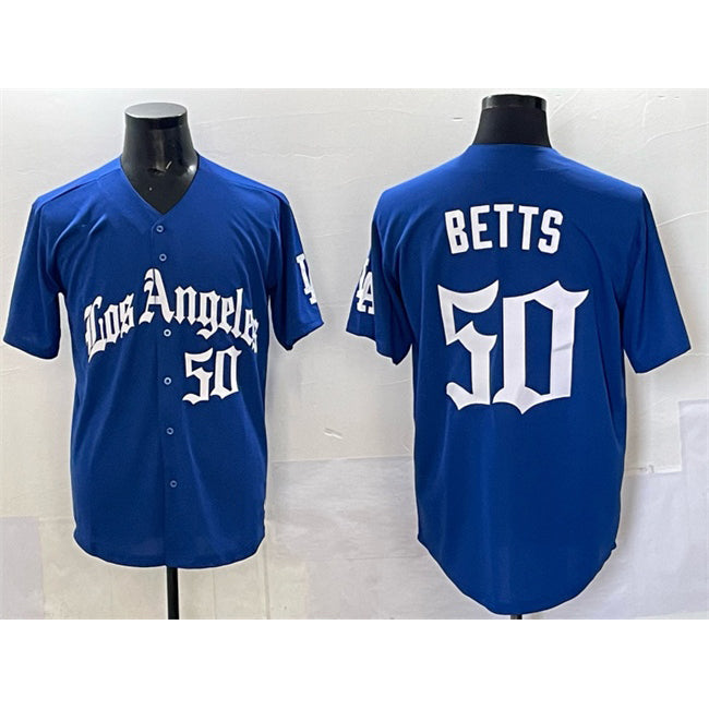Rebec Los Angeles Dodgers #50 Mookie Betts Blue  2025 LA Gothic Style With Fernando Patch Vapor Premier Limited Stitched Jersey