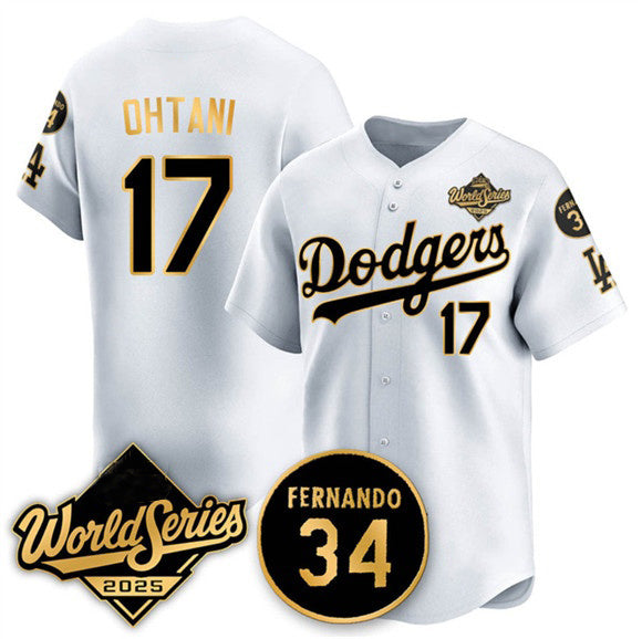 Rebec Los Angeles Dodgers #17 Shohei Ohtani White Gold  2025 World Series With No.34 Patch Limited Stitched Jersey