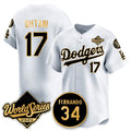 Rebec Los Angeles Dodgers #17 Shohei Ohtani White Gold  2025 World Series With No.34 Patch Limited Stitched Jersey