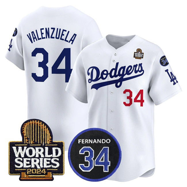 Rebec Los Angeles Dodgers #34 Toro Valenzuela White  2024 World Series With Fernando Memorial Patch Limited Stitched Jersey