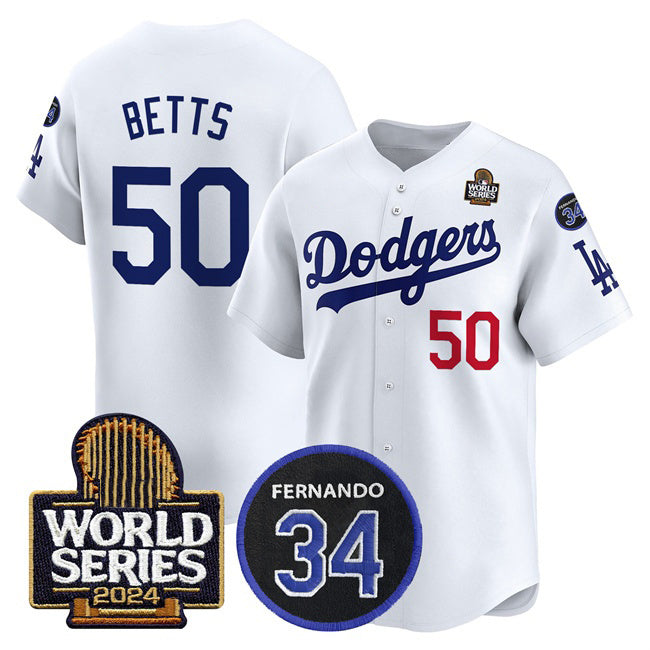 Rebec Los Angeles Dodgers #50 Mookie Betts White  2024 World Series With Fernando Memorial Patch Limited Stitched Jersey