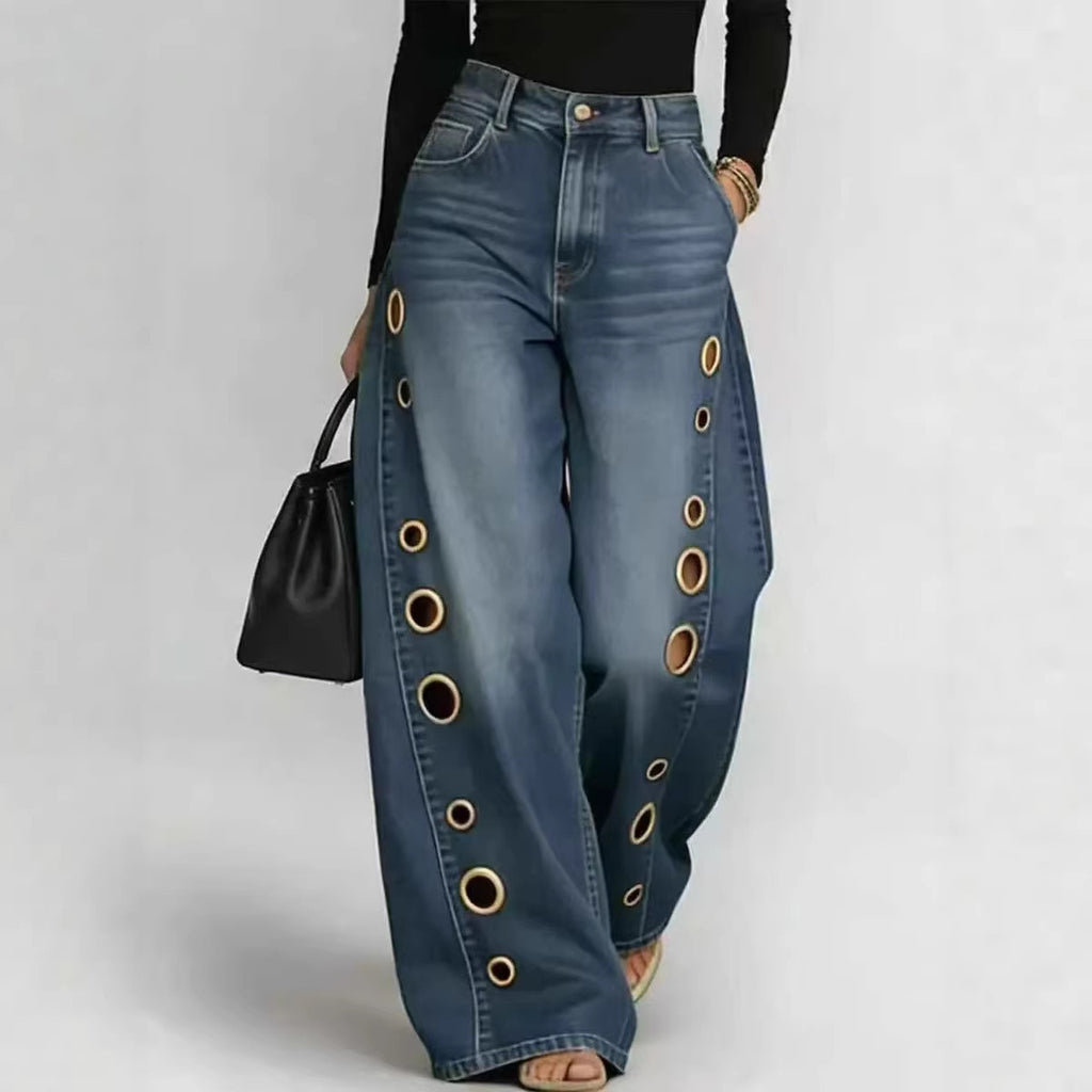 2026 spring and summer new arrival metal opposite sex eyelet jeans