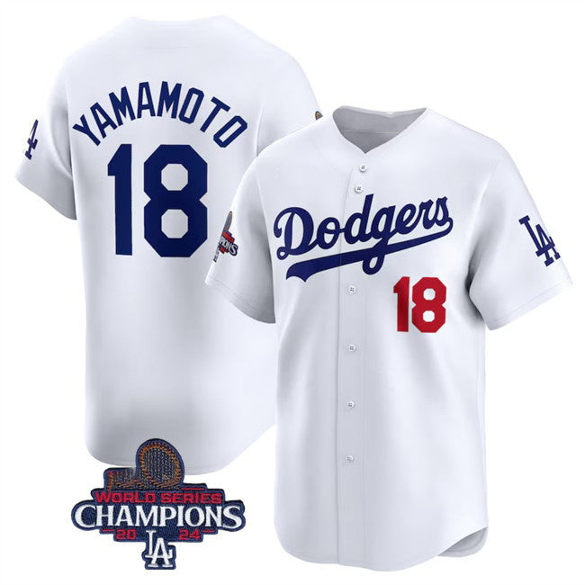 Rebec Los Angeles Dodgers #18 Yoshinobu Yamamoto White  2024 World Series Champions Home Limited Stitched Jersey