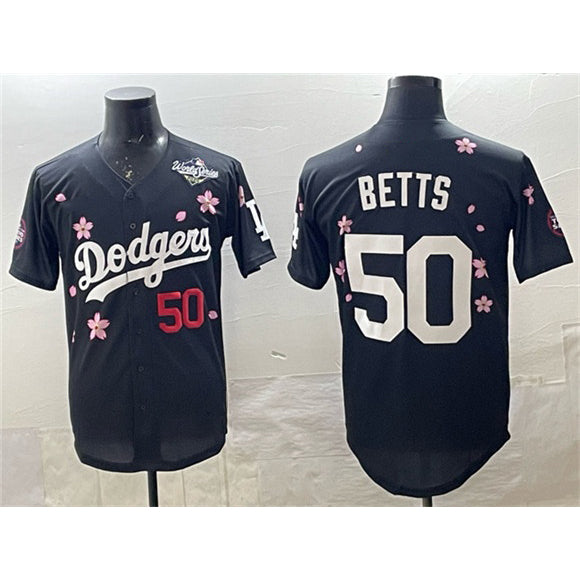 Rebec Los Angeles Dodgers #50 Mookie Betts Black  2025 World Series Patch Tokyo Series Limited Stitched Jersey