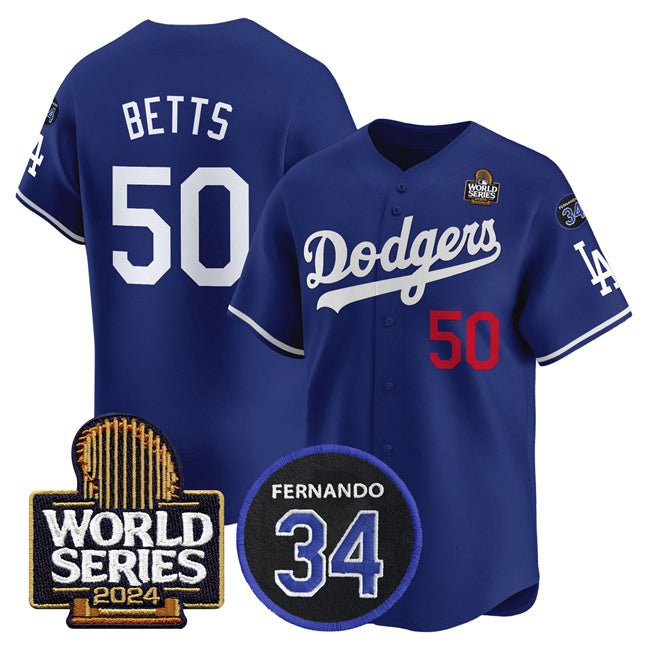 Rebec Los Angeles Dodgers #50 Mookie Betts Royal  2024 World Series With Fernando Memorial Patch Limited Stitched Jersey