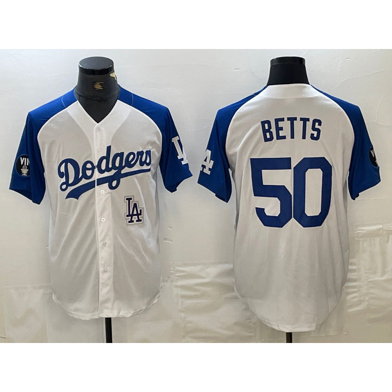 Rebec Los Angeles Dodgers #50 Mookie Betts White  Blue Fashion Stitched Cool Base Limited Jersey 2