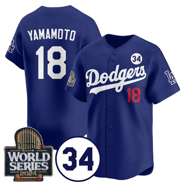 Rebec Los Angeles Dodgers #18 Yoshinobu Yamamoto Royal  2024 World Series With No. 34 Patch Cool Base Stitched Jersey