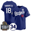 Rebec Los Angeles Dodgers #18 Yoshinobu Yamamoto Royal  2024 World Series With No. 34 Patch Cool Base Stitched Jersey