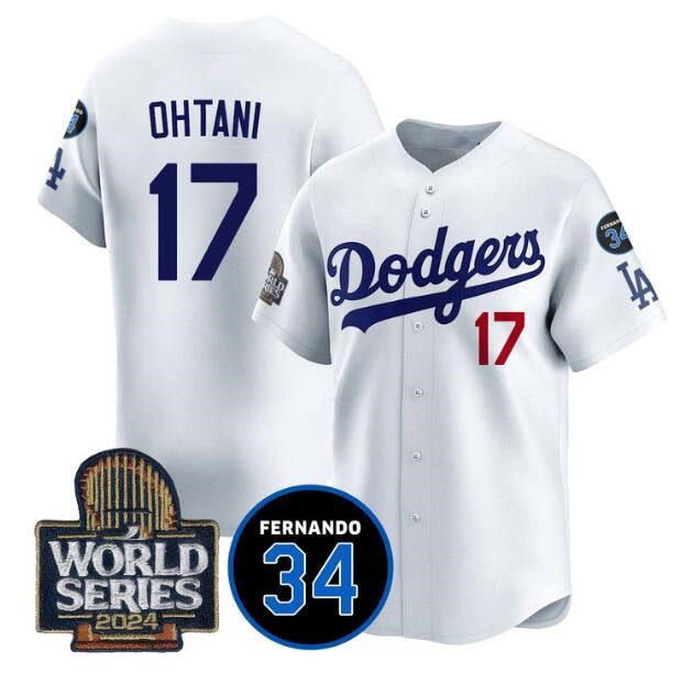 Rebec Los Angeles Dodgers #17 Shohei Ohtani White  2024 World Series With Fernando Memorial Patch Limited Stitched Jersey