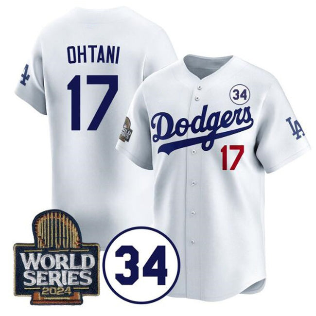 Rebec Los Angeles Dodgers #17 Shohei Ohtani White  2024 World Series With No. 34 Patch Limited Stitched Jersey