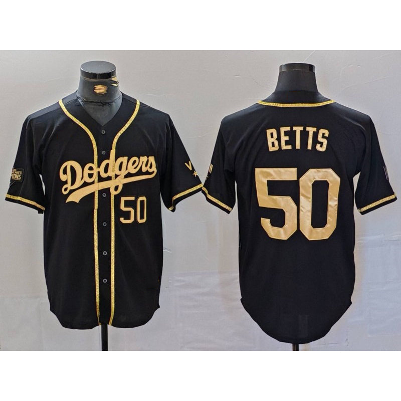 Rebec Los Angeles Dodgers #50 Mookie Betts Number Black Gold  World Series Champions Cool Base Stitched Jersey