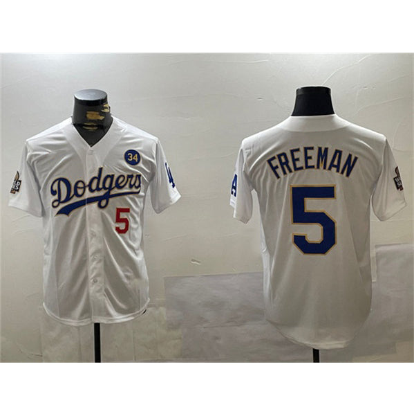 Rebec Los Angeles Dodgers #5 Freddie Freeman White Gold  2024 World Series With No. 34 Patch Home Limited Stitched Jersey