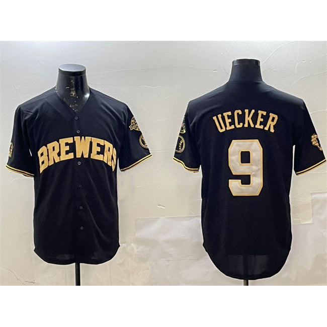 Rebec Milwaukee Brewers #9 Bob Uecker Black Gold  With Home Patch Limited Stitched Jersey