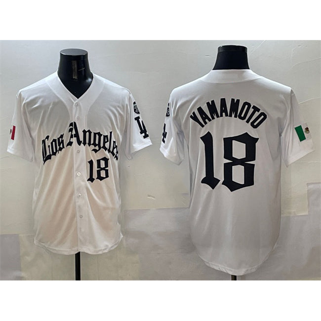 Rebec Los Angeles Dodgers #18 Yoshinobu Yamamoto White  Mexico 2025 LA Gothic Style With Fernando Patch Vapor Premier Limited Stitched Jersey