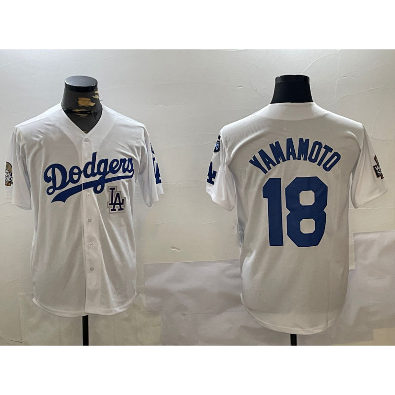 Rebec Los Angeles Dodgers #18 Yoshinobu Yamamoto White  2024 World Series With Fernando Memorial Patch Home Limited Stitched Jersey
