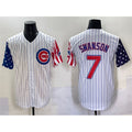 Rebec Chicago Cubs #7 Dansby Swanson White  Pinstripe 2025 Independence Day Vapor Premier Limited Stitched Jersey