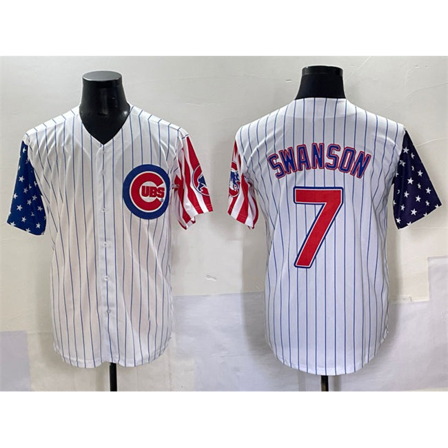 Rebec Chicago Cubs #7 Dansby Swanson White  Pinstripe 2025 Independence Day Vapor Premier Limited Stitched Jersey