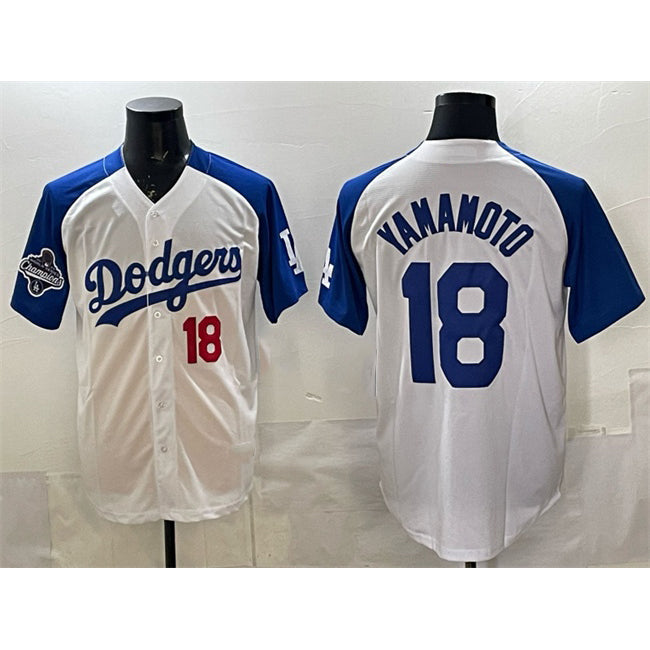 Rebec Los Angeles Dodgers #18 Yoshinobu Yamamoto White Royal  2025 World Series Champions Patch Limited Stitched Jersey