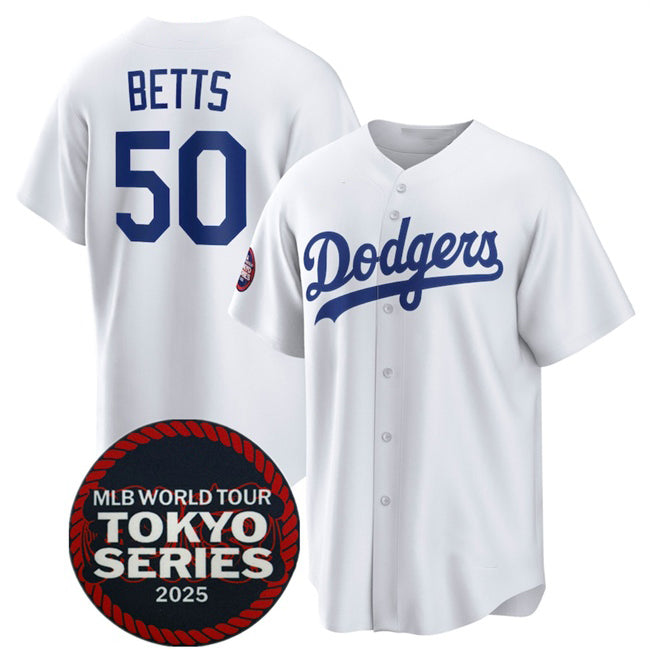 Rebec Los Angeles Dodgers #50 Mookie Betts White  2025 World Tour Tokyo Series Home Stitched Jersey