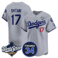 Rebec Los Angeles Dodgers #17 Shohei Ohtani Gray  2025 World Series With No. 34 Patch Limited Stitched Jersey