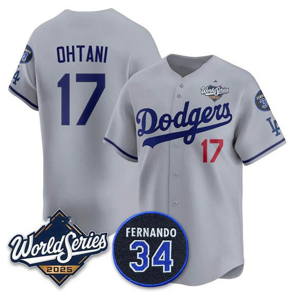 Rebec Los Angeles Dodgers #17 Shohei Ohtani Gray  2025 World Series With No. 34 Patch Limited Stitched Jersey