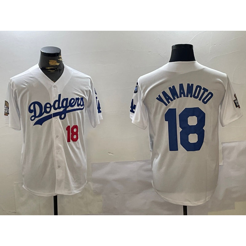 Rebec Los Angeles Dodgers #18 Yoshinobu Yamamoto White  2024 World Series With Fernando Memorial Patch Home Limited Stitched Jerseys
