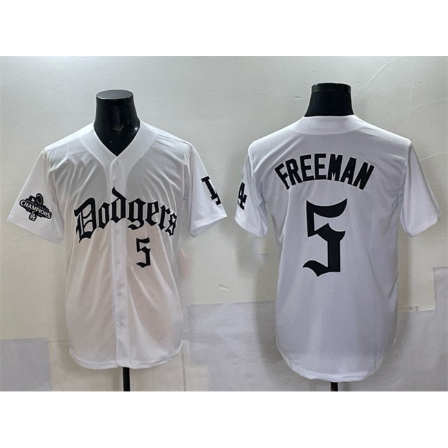 Rebec Los Angeles Dodgers #5 Freddie Freeman White  2025 LA Gothic Style With 2024 World Series Champions Patch Vapor Premier Limited Stitched Jersey
