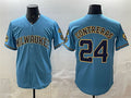 Rebec Milwaukee Brewers #24 William Contreras Blue  With Home & Bob Uecker Patch Stitched Jersey