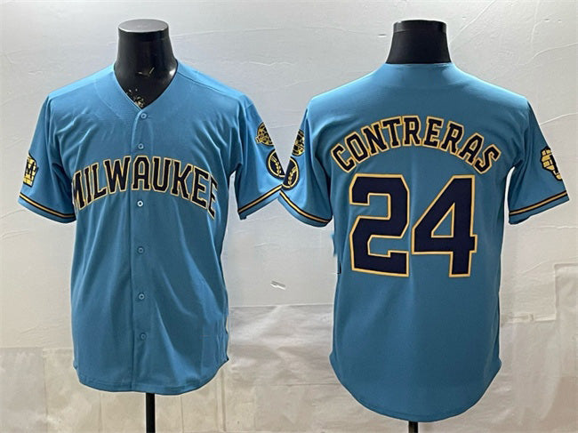 Rebec Milwaukee Brewers #24 William Contreras Blue  With Home & Bob Uecker Patch Stitched Jersey