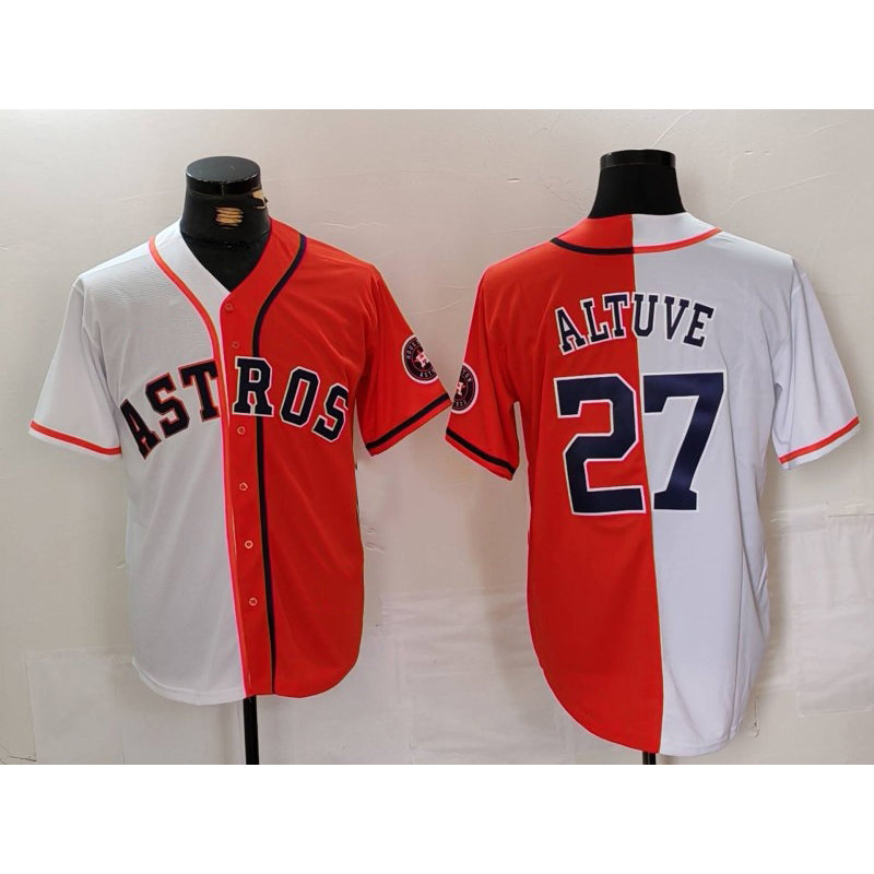 Rebec Houston Astros #27 Jose Altuve White Orange  Blue Number Split Stitched Jersey 2