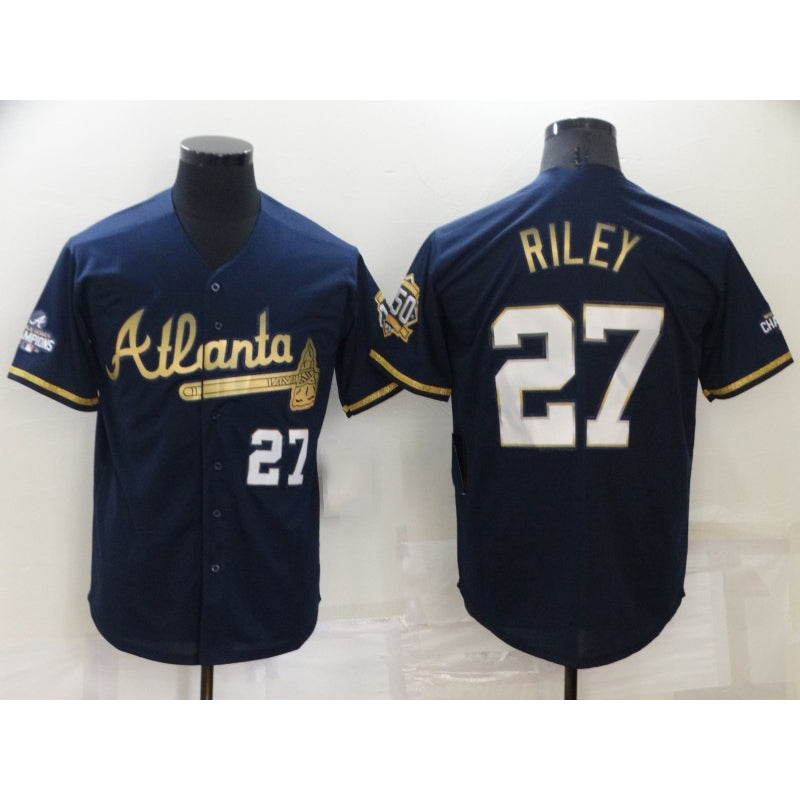 Rebec Atlanta Braves #27 Austin Riley 2022 Navy Blue  2021 World Series Champions Golden Edition Stitched Cool Base Jersey