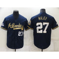 Rebec Atlanta Braves #27 Austin Riley 2022 Navy Blue  2021 World Series Champions Golden Edition Stitched Cool Base Jersey