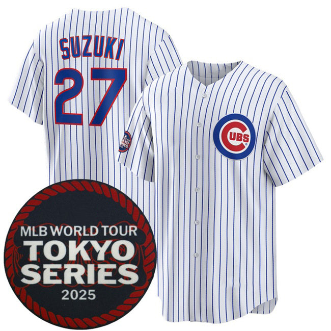 Rebec Chicago Cubs #27 Seiya Suzuki White  2025 World Tour Tokyo Series Home Stitched Jersey
