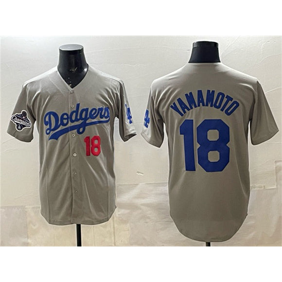 Rebec Los Angeles Dodgers #18 Yoshinobu Yamamoto Gray  2025 World Series Champions Patch Stitched Jersey