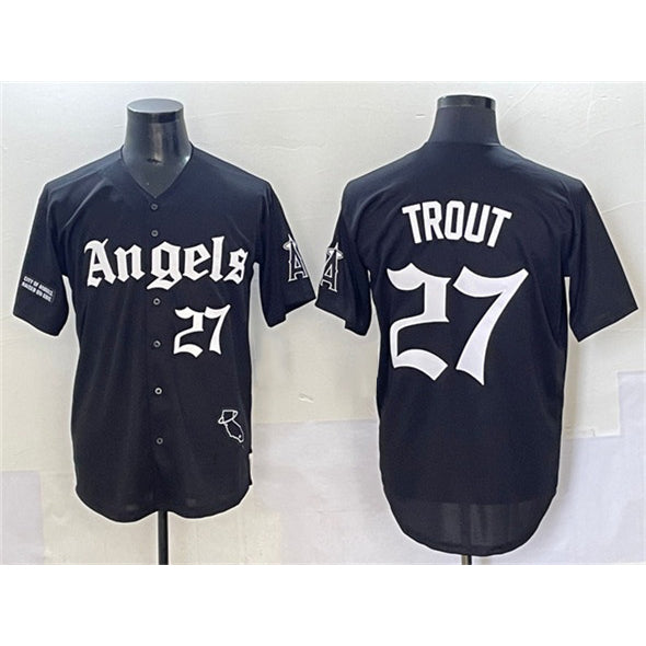 Rebec Los Angeles Angels #27 Mike Trout Black  'Gothic Halo Edition' Vapor Limited Stitched Jersey