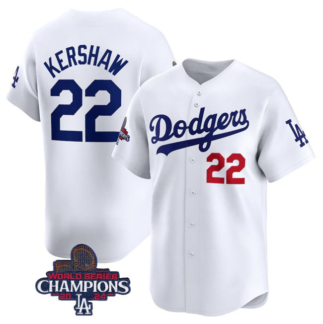 Rebec Los Angeles Dodgers #22 Clayton Kershaw White  2024 World Series Champions Home Limited Stitched Jersey