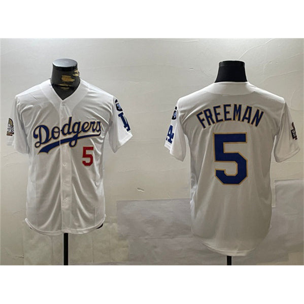 Rebec Los Angeles Dodgers #5 Freddie Freeman White Gold  2024 World Series With Fernando Memorial Patch Home Limited Stitched Jersey