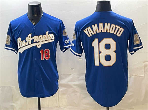 Rebec Los Angeles Dodgers #18 Yoshinobu Yamamoto Royal  2026 Gold Collection 9x & B2B Champs Patch Stitched Jersey