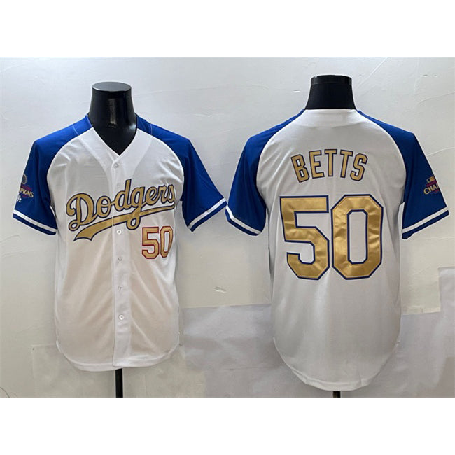 Rebec Los Angeles Dodgers #50 Mookie Betts White Royal Gold  2024 World Series Champions Vapor Limited Stitched Jersey