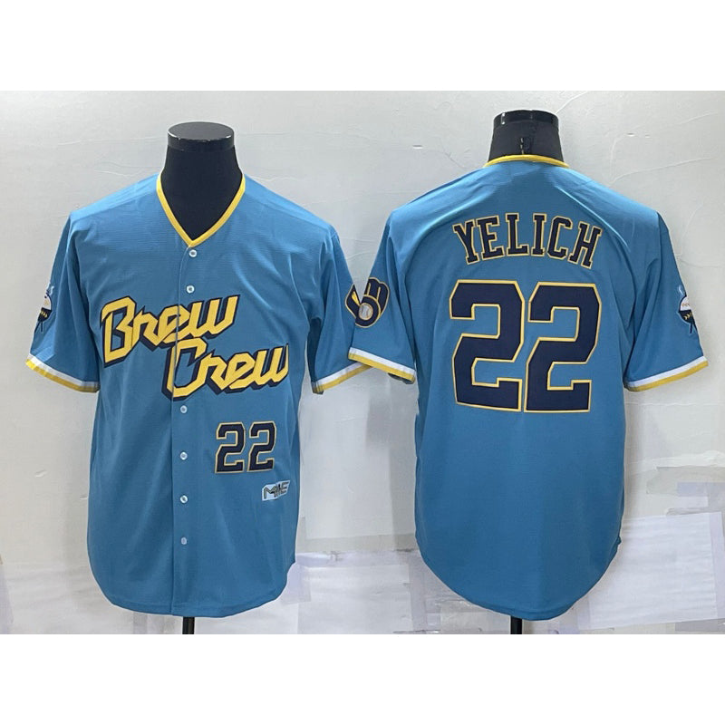 Rebec Milwaukee Brewers #22 Christian Yelich Number Blue  2022 City Connect Cool Base Stitched Jersey