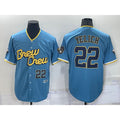 Rebec Milwaukee Brewers #22 Christian Yelich Number Blue  2022 City Connect Cool Base Stitched Jersey