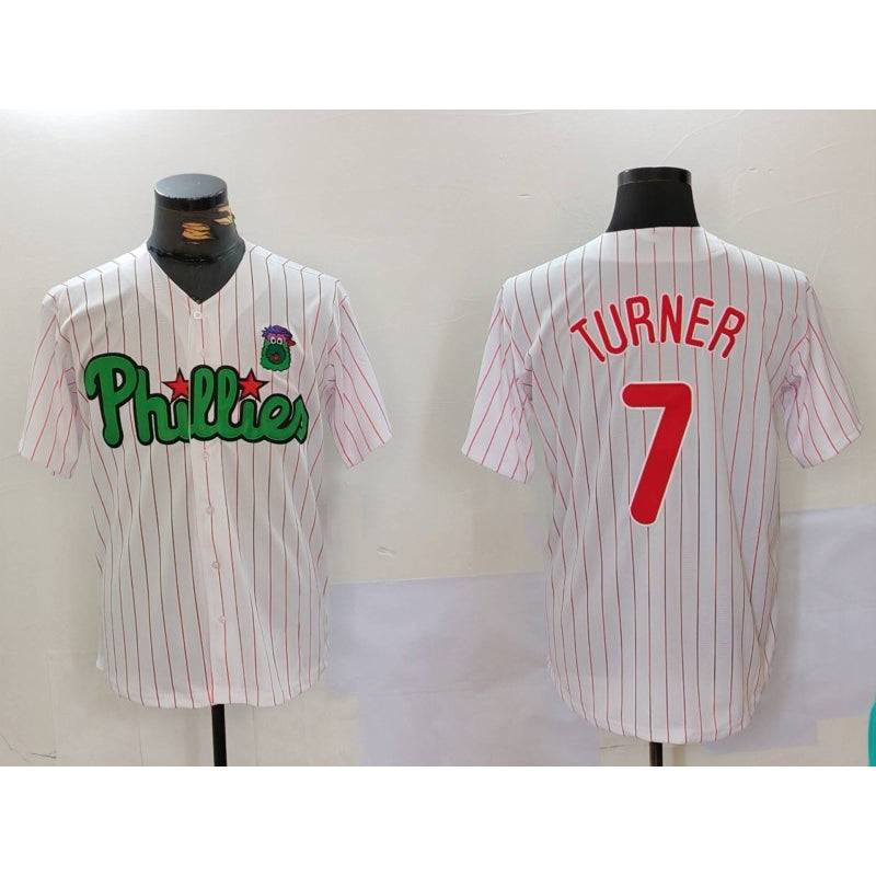 Rebec Philadelphia Phillies #7 Trea Turner White Green  Cool Base Stitched Jersey 2